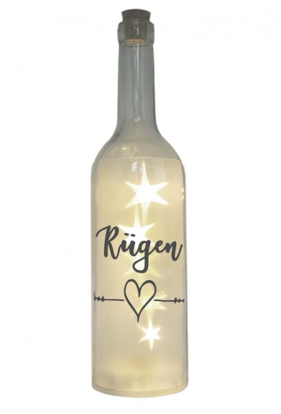 LED-Flasche mit Motiv, Rügen Herz, grau, 29cm, Flaschen-Licht Lampe mit Text Spruch Stadt Insel