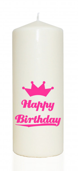 Spruchkerze, Happy Birthday / mit Krone, pink, 20cm, 765g Ø8cm, Kerze mit Spruch, Brenndauer ca 70 Std