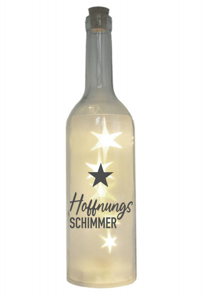 LED-Flasche mit Motiv, Hoffnungs-Schimmer Stern, grau, 29cm, Flaschen-Licht Lampe mit Text Spruch
