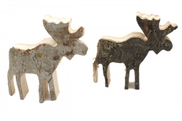 2 Stück Deko-Figur aus Natur-Holz mit Rinde, Hirsch Elch Rentier 2er Set, 15x15x4cm, Weihnachten X-Mas Dekoration