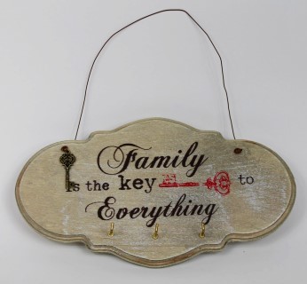 Vintage Braunes Deko Holz Schlüsselbrett, Family is the key to everthing, 3 Haken