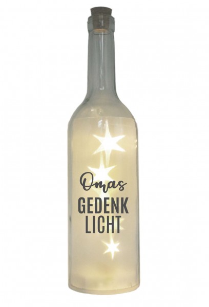 LED-Flasche mit Motiv, Omas Gedenk-Licht, grau, 29cm, Flaschen-Licht Lampe mit Text Spruch Trauer-Licht
