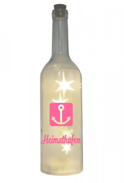 LED-Flasche mit Motiv, Heimathafen Anker, rosa, 29cm, Flaschen-Licht Lampe mit Text Spruch