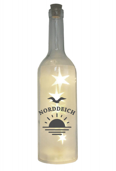 LED-Flasche mit Motiv, Norddeich Sonne Möwe Nordsee , grau, 29cm, Flaschen-Licht Lampe mit Text Spruch