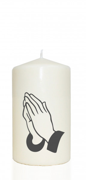Spruchkerze, Hände / Gebet, grau, 14cm, 480g Ø8cm, Kerze mit Spruch, Brenndauer ca 55 Std