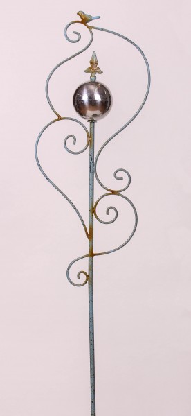 Edler Gartenstecker aus Metall mit Kugel und Spatz - 126cm - Antik/Rost Look