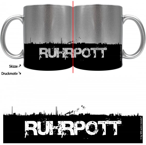 knallige Tasse mit rundum Motiv: RUHRPOTT Skyline, Farbe: silber-metallic, Kaffee-Becher mit Motiv