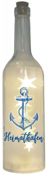 LED-Flasche Folien-Motiv, Heimathafen mit Anker maritim blau, 29cm, Flaschen-Licht Lampe mit Text Spruch