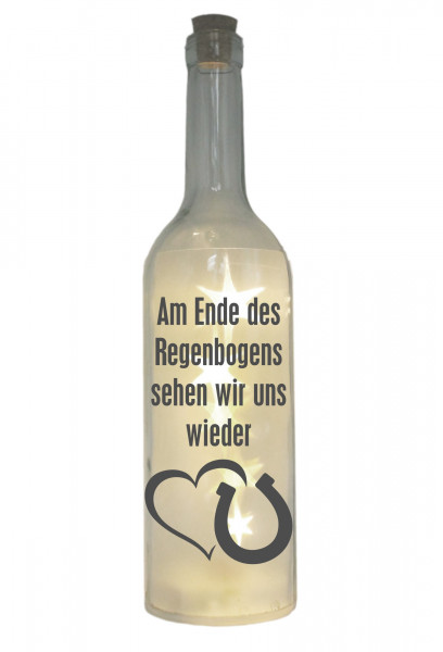LED-Flasche mit Motiv, Am Ende des Regenbogens... / Pferd Hufeisen, grau, 29cm, Flaschen-Licht Glitzer-Flasche Leuchtflasche Lampe mit Text Spruch Trauer