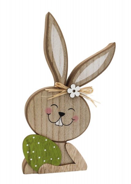 Süßes Oster-Häschen mit grünem Oster-Ei und Schleife, Oster-Figur aus Holz, 23x14x2,5cm Oster-Hase Ostern Deko