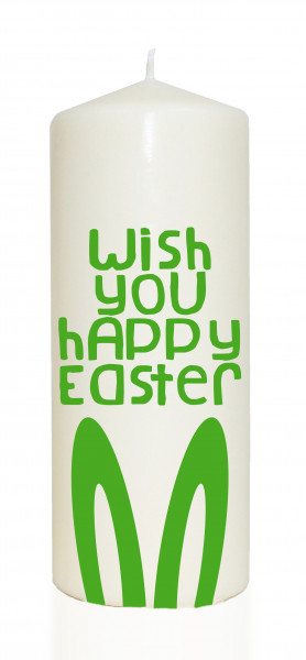 Spruchkerze, Wish you Happy Easter / mit Ohren, grün, 20cm, 765g Ø8cm, Kerze mit Spruch, Brenndauer ca 70 Std