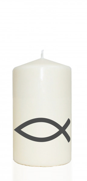Spruchkerze, Christliches Symbol Fisch, grau, 14cm, 480g Ø8cm, Kerze mit Spruch, Brenndauer ca 55 Std