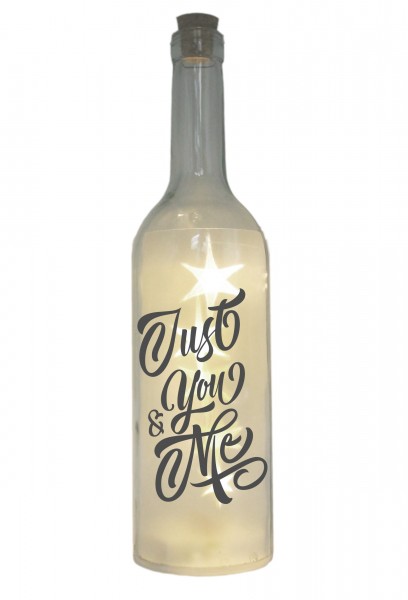 LED-Flasche mit Motiv, Just You & Me, grau, 29cm, Flaschen-Licht Lampe mit Text Spruch
