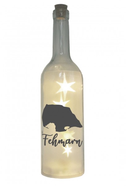LED-Flasche mit Motiv, Insel Fehmarn Silhouette, grau, 29cm, Flaschen-Licht Lampe mit Text Spruch