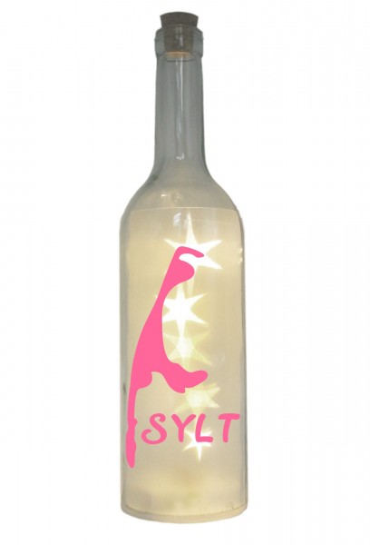 LED-Flasche mit Motiv, Insel Sylt Silhouette, rosa, 29cm, Flaschen-Licht Lampe mit Text Spruch