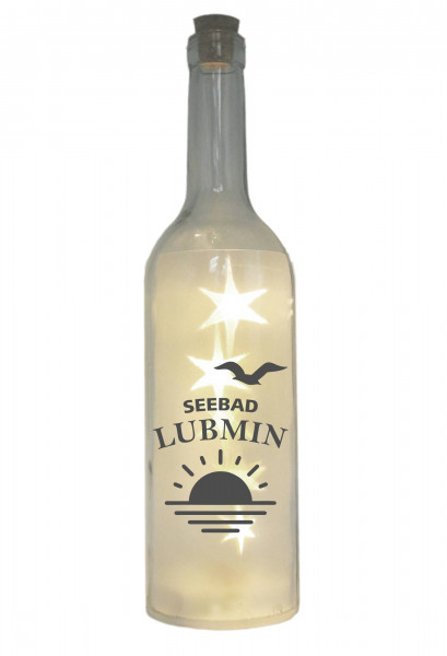 LED-Flasche mit Motiv, Seebad Lubmin Sonne Möwe Ostsee, grau, 29cm, Flaschen-Licht Lampe mit Text Spruch