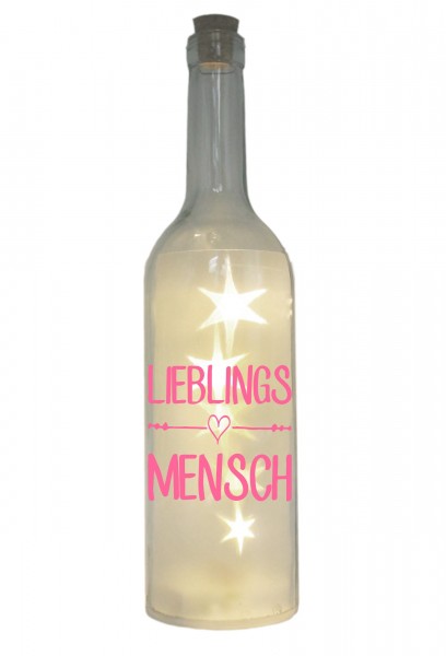 LED-Flasche mit Motiv, Lieblingsmensch, rosa, 29cm, Flaschen-Licht Lampe mit Text Spruch