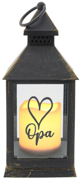 Kunststoff-Laterne mit LED-Kerze & Timer, Opa Herz, schwarz 24x10,5x10,5cm, Batterie LED-Licht LED-Laterne LED-Lampe mit Text Spruch
