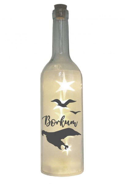 LED-Flasche mit Motiv, Insel Borkum Silhouette Möwen, grau, 29cm, Flaschen-Licht Lampe mit Text Spruch