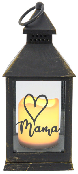 Kunststoff-Laterne mit LED-Kerze & Timer, Mama Herz, schwarz 24x10,5x10,5cm, Batterie LED-Licht LED-Laterne LED-Lampe mit Text Spruch