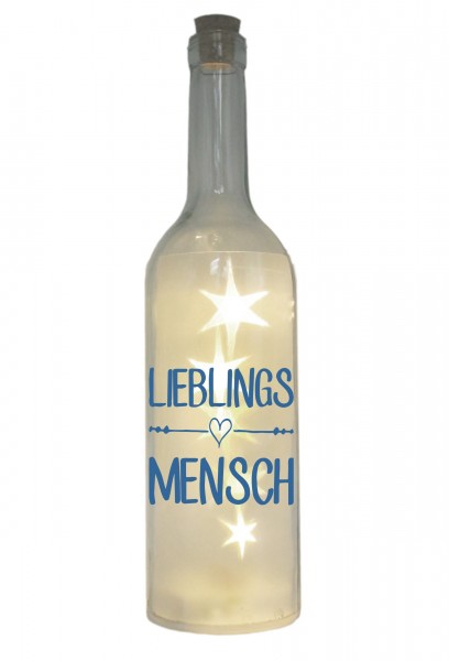 LED-Flasche mit Motiv, Lieblingsmensch, blau, 29cm, Flaschen-Licht Lampe mit Text Spruch