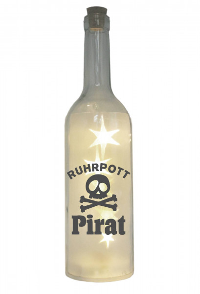 LED-Flasche mit Motiv, Ruhrpott Pirat, grau, 29cm, Flaschen-Licht Lampe mit Text Spruch Ruhrgebiet