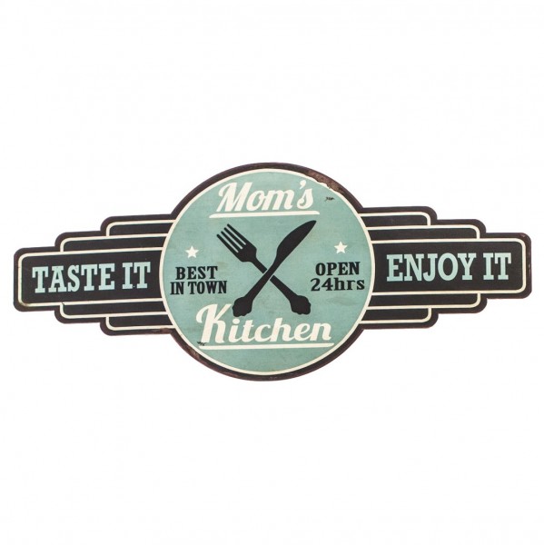 Blechschild, Mom's Kitchen OPEN 24hrs, mint, 61 x 26,5 cm, Vintage Schild aus Metall