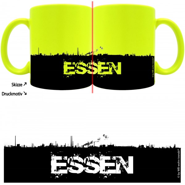 knallige Tasse mit rundum Motiv: ESSEN Skyline, Farbe: neon-gelb, Kaffee-Becher mit Motiv