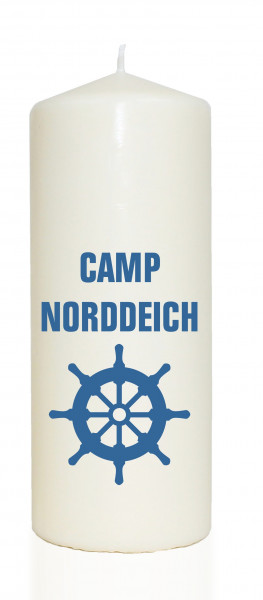 Spruchkerze, Camp Norddeich, blau, 20cm, 765g Ø8cm, Kerze mit Spruch, Brenndauer ca 70 Std