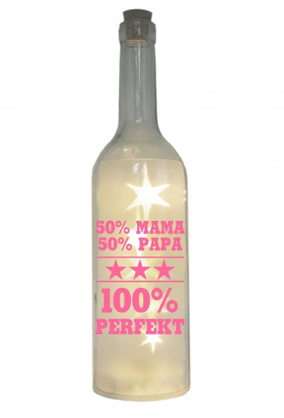 LED-Flasche mit Motiv, 50% Mama Papa 100% Perfekt, rosa, 29cm, Flaschen-Licht Lampe mit Text Spruch