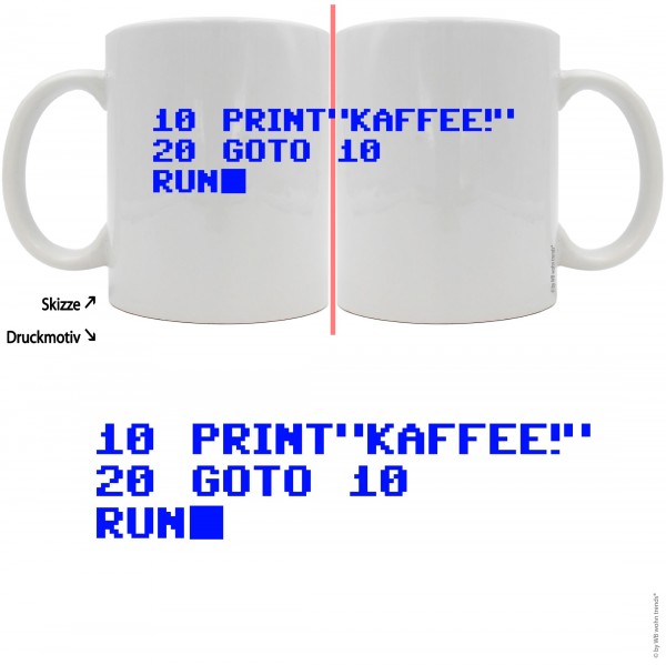 Tasse mit rundum Motiv: Print KAFFEE / Basic Programm, Farbe: weiß, Kaffee-Becher mit Motiv