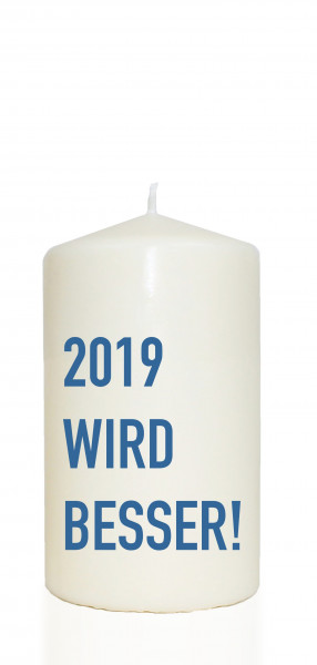 Spruchkerze, 2019 wird besser!, blau, 14cm, 480g Ø8cm, Kerze mit Spruch, Brenndauer ca 55 Std