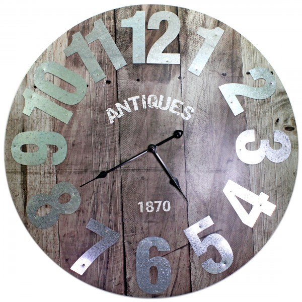XXL-Wanduhr aus Holz mit Metall-Ziffern, 60cm, ANTIQUES 1870, Holz-Optik / Kunstdruck, Vintage Shabby Uhr