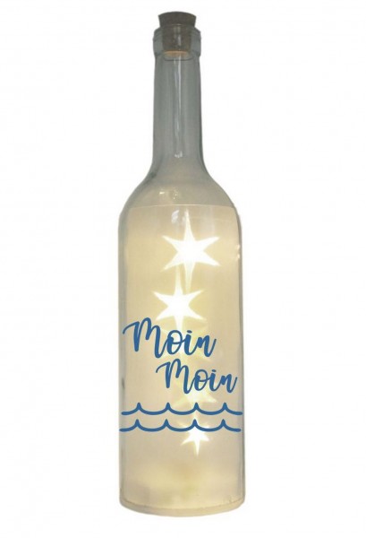 LED-Flasche mit Motiv, Moin Moin Welle, blau, 29cm, Flaschen-Licht Lampe mit Text Spruch Nordsee Ostsee Meer