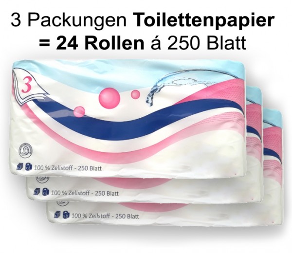 Toilettenpapier 24 Rollen á 250 Blatt, 3lagig, weiß, WC-Papier Klopapier