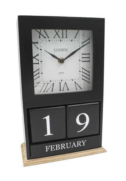 Tisch-Uhr LONDON 1879 schwarz, mit Kalender und Monatsanzeige als Würfel, aus Holz 28,5x18,5x9cm