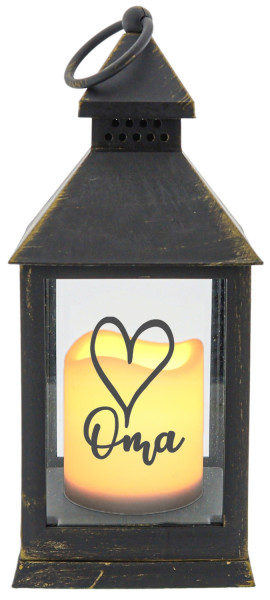 Kunststoff-Laterne mit LED-Kerze & Timer, Oma Herz, schwarz 24x10,5x10,5cm, Batterie LED-Licht LED-Laterne LED-Lampe mit Text Spruch