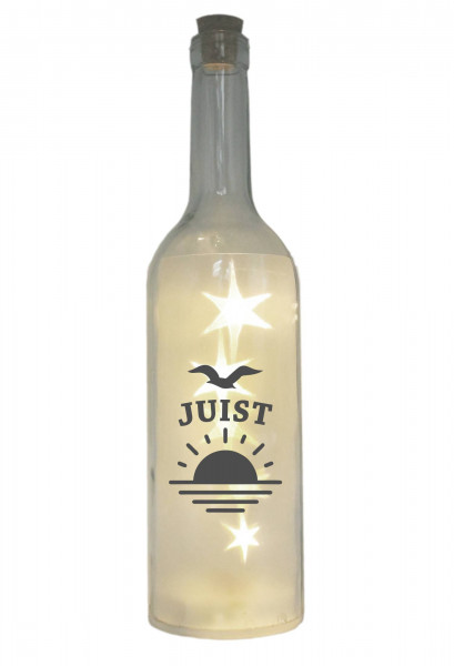 LED-Flasche mit Motiv, Nordsee Insel Juist Sonne Möwe, grau, 29cm, Flaschen-Licht Lampe mit Text Spruch