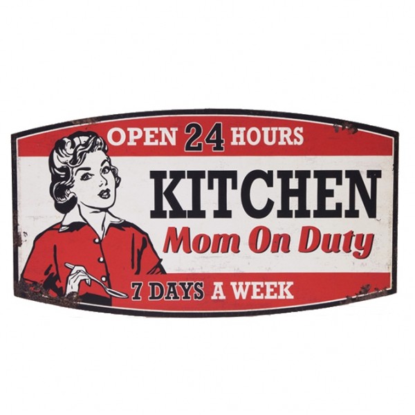Blechschild, KITCHEN Mom on Duty OPEN 24 HOURS, 53 x 29 cm, Vintage Schild aus Metall