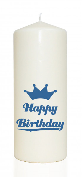Spruchkerze, Happy Birthday / mit Krone, blau, 20cm, 765g Ø8cm, Kerze mit Spruch, Brenndauer ca 70 Std