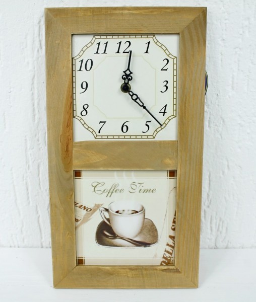 Nostalgische Uhr für Küche - Coffee Time - aus Holz mit Wandfliese