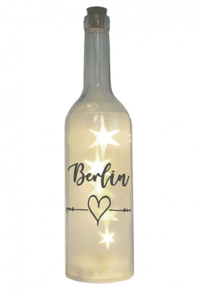 LED-Flasche mit Motiv, Berlin Herz, grau, 29cm, Flaschen-Licht Lampe mit Text Spruch Stadt