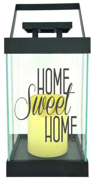 Edle Glas-Laterne mit LED-Kerze, Home Sweet Home, Timer, 35cm hoch mit Bügel, 24,5x13x13cm, Batterie LED-Licht LED-Laterne LED-Lampe mit Text Spruch